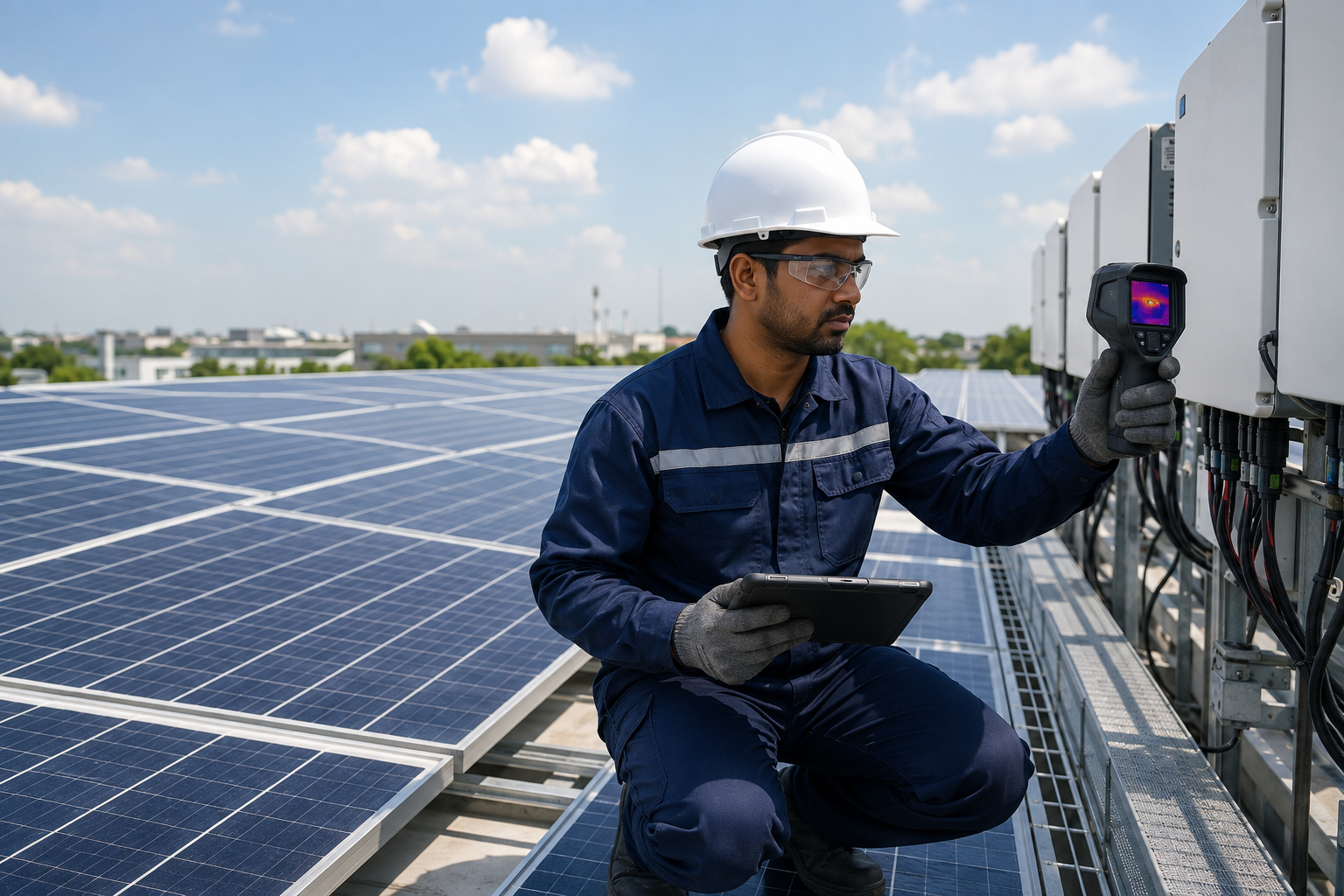Dewmak Energy engineer inspecting a commercial solar plant