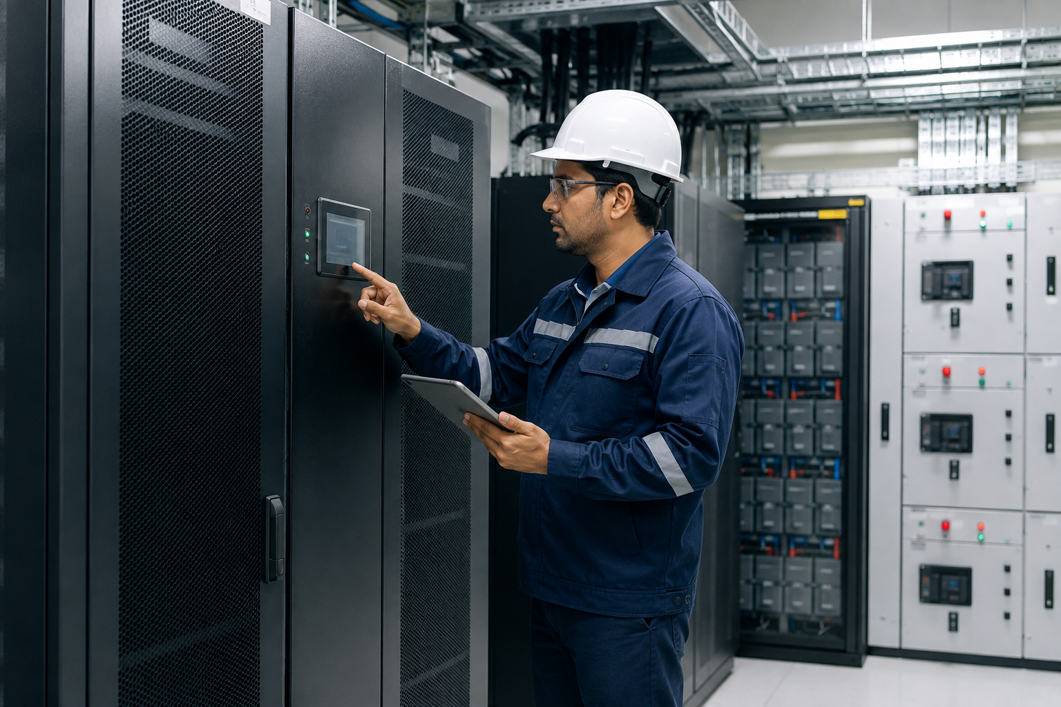 Dewmak Energy engineer inspecting a critical power UPS system