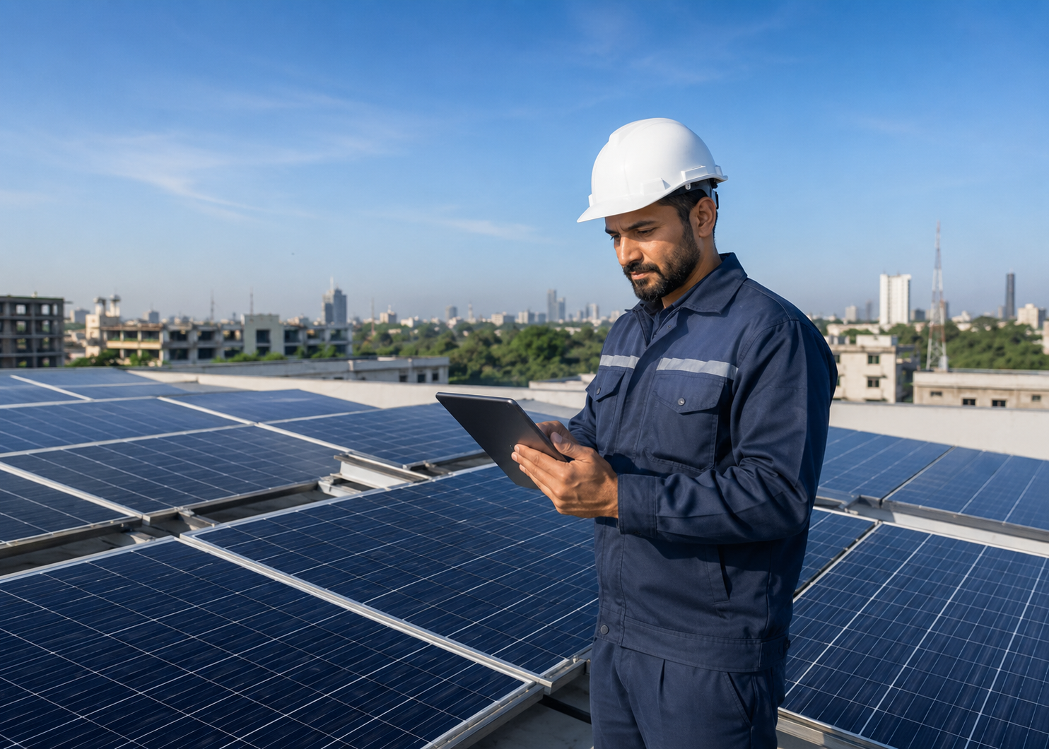 Solar engineer inspecting rooftop solar panels