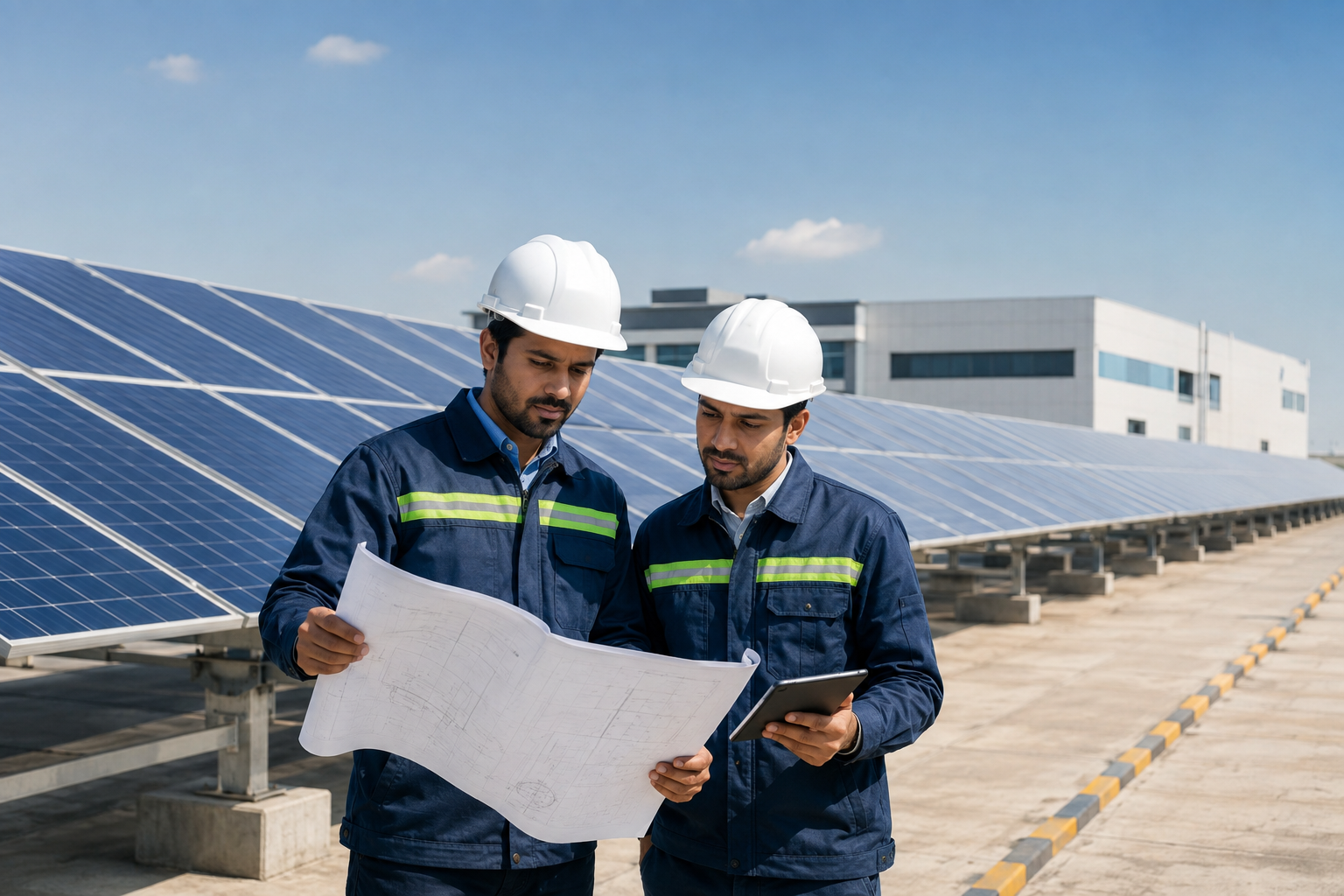 Solar EPC engineers reviewing project design